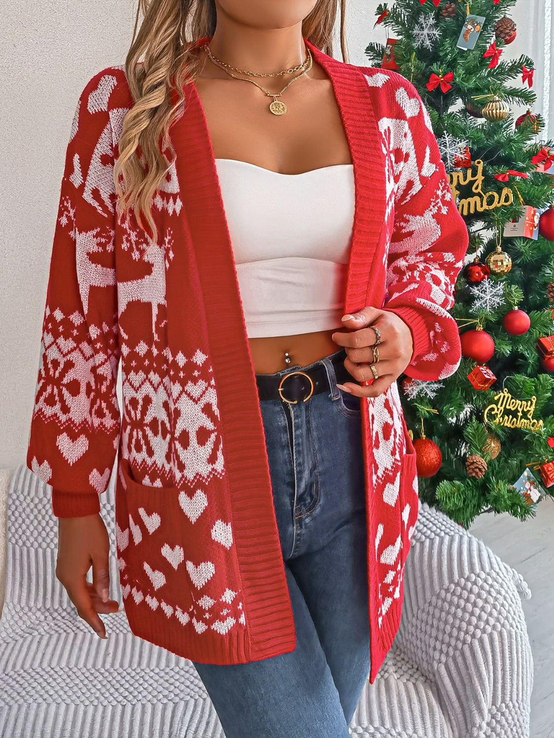 Christmas Patterned Open Front Long Sleeve Cardigan