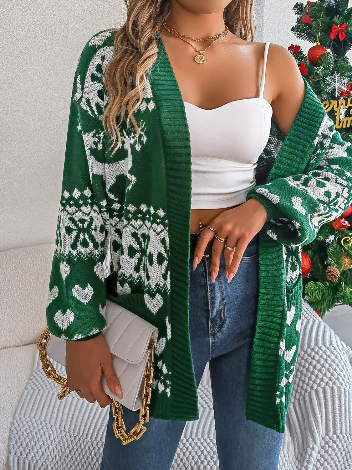 Christmas Patterned Open Front Long Sleeve Cardigan