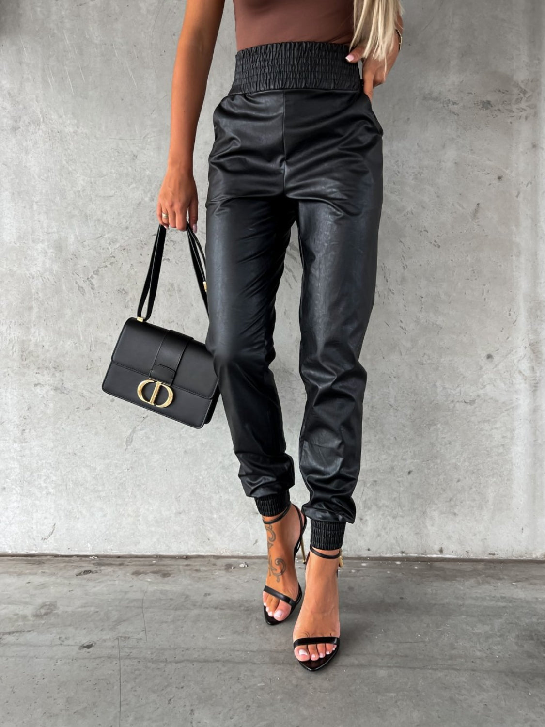 Smocked Faux Leather High Waist Pants