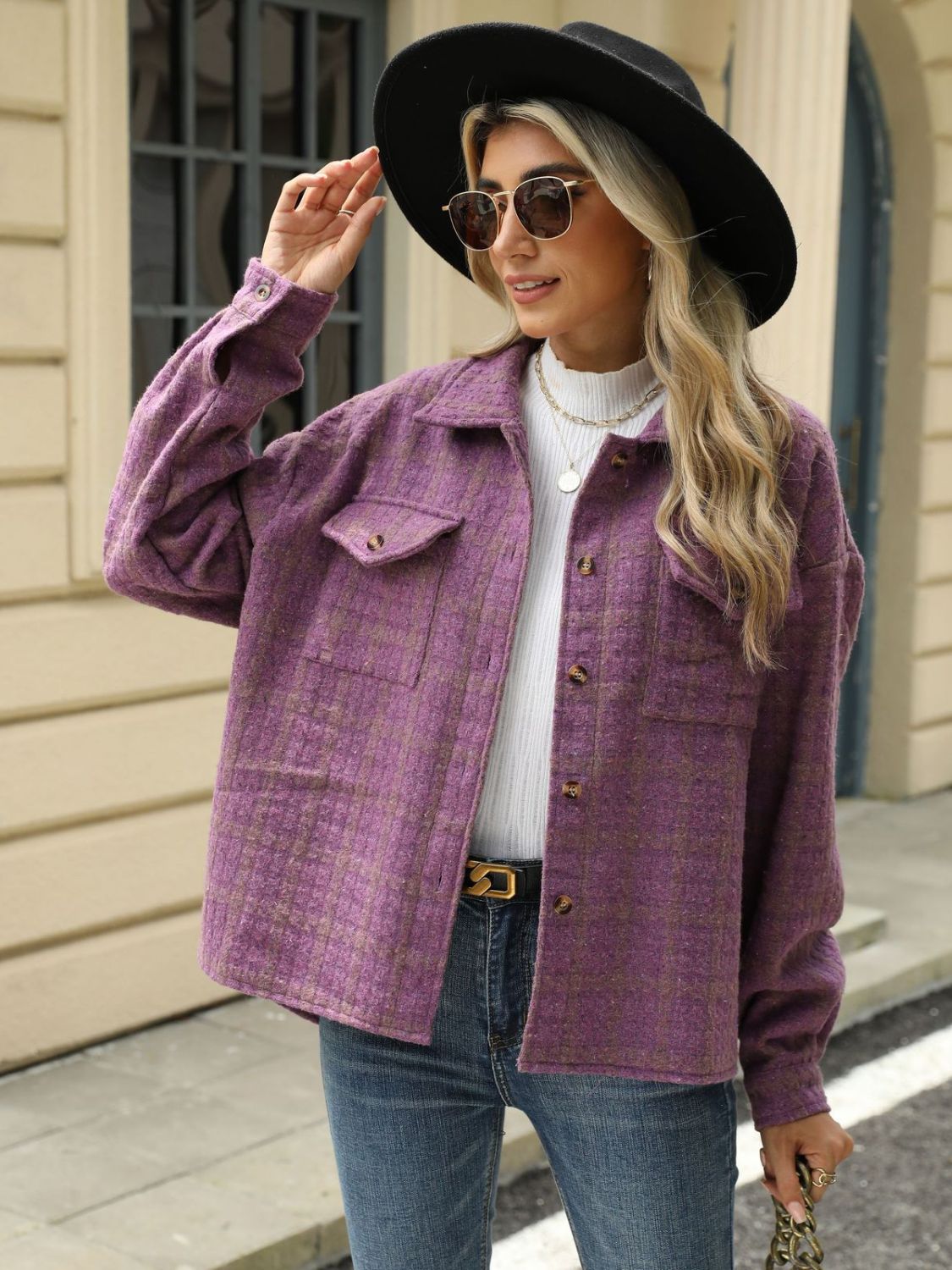 Plaid Collared Neck Long Sleeve Jacket