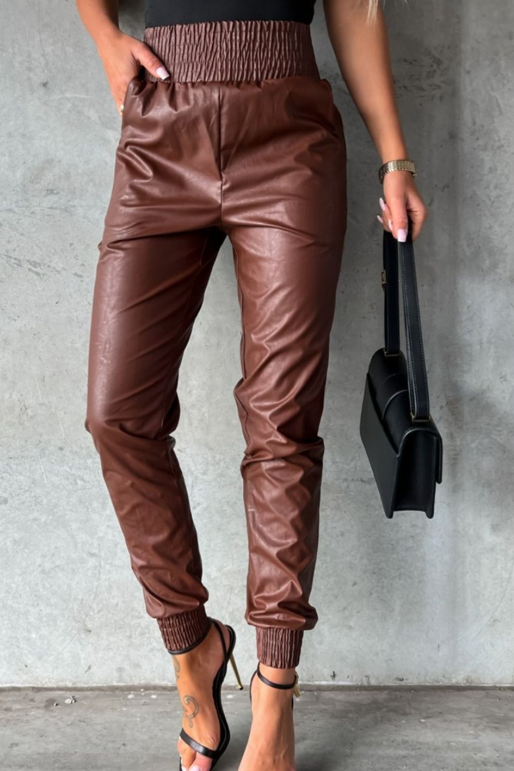 Smocked Faux Leather High Waist Pants