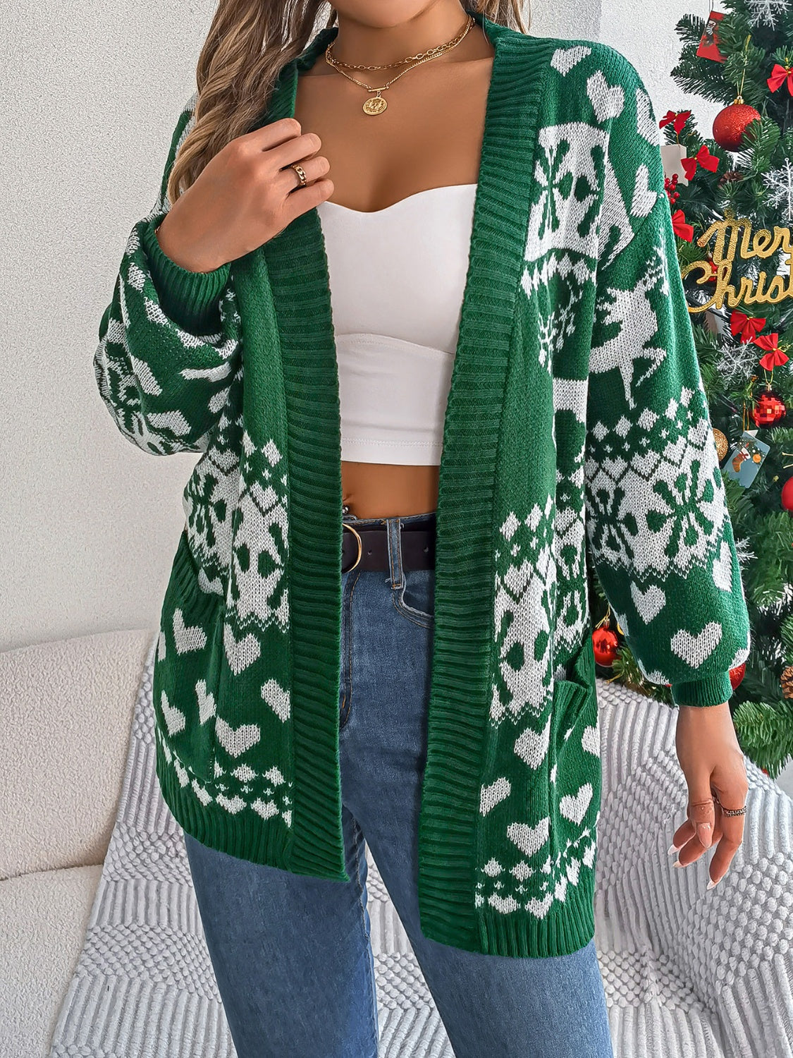 Christmas Patterned Open Front Long Sleeve Cardigan