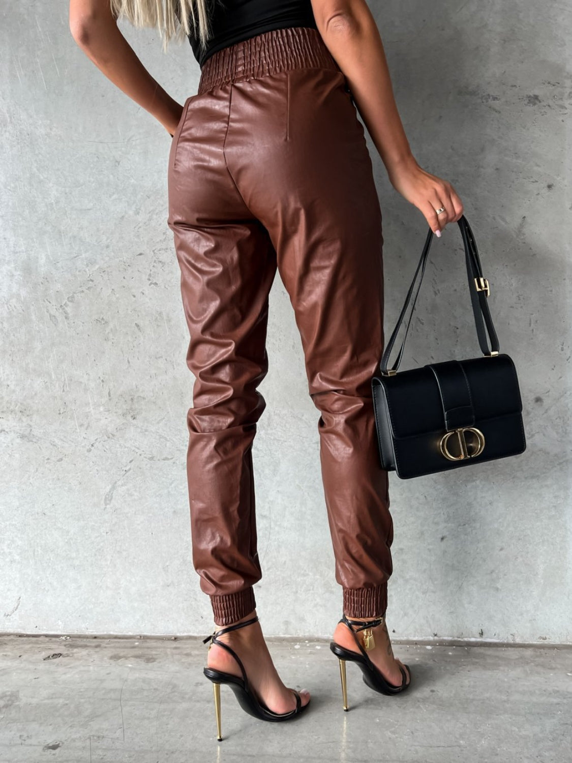 Smocked Faux Leather High Waist Pants