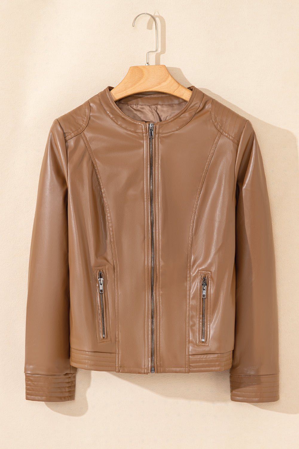 Faux Leather Round Neck Long Sleeve Jacket