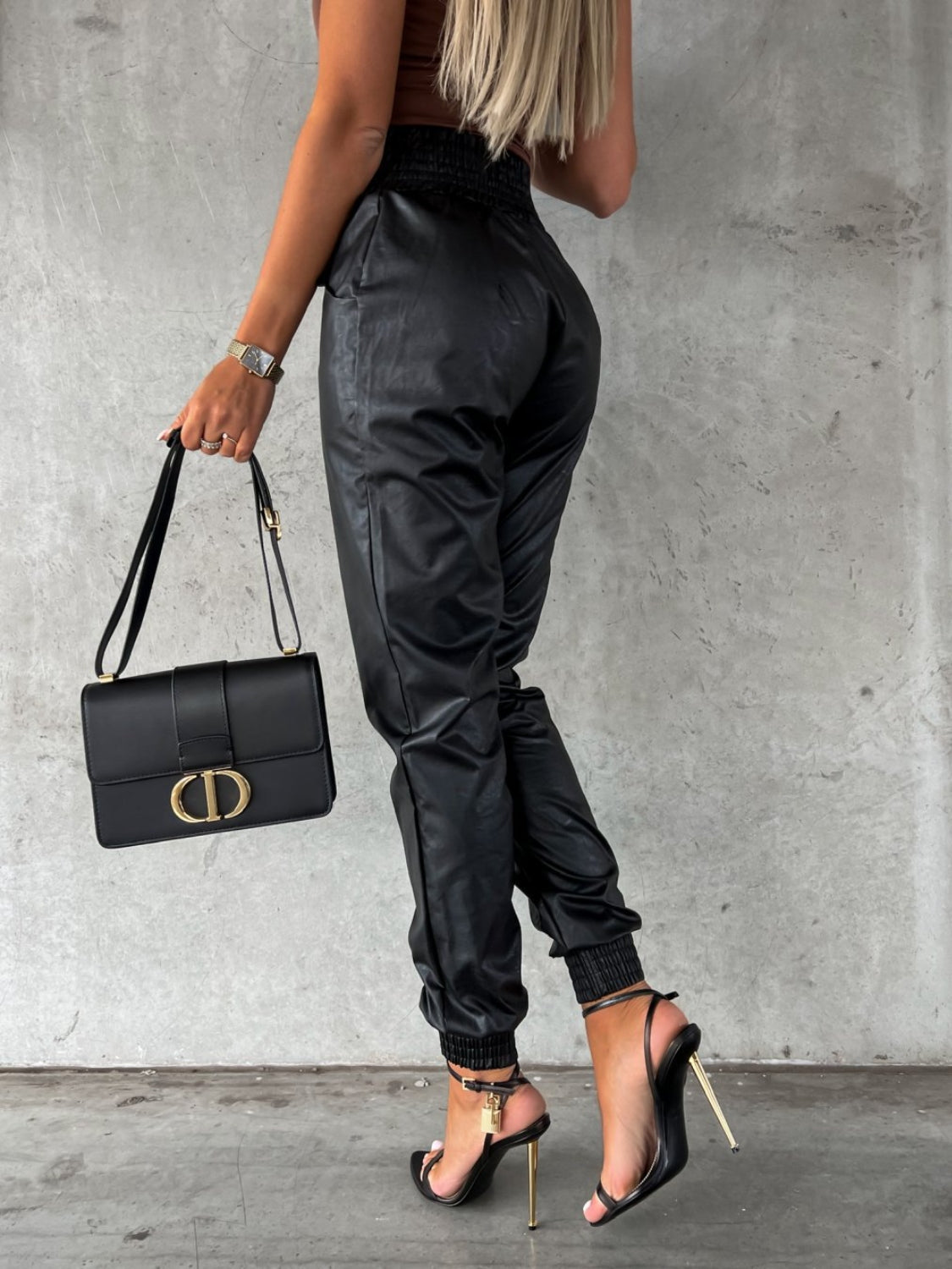 Smocked Faux Leather High Waist Pants