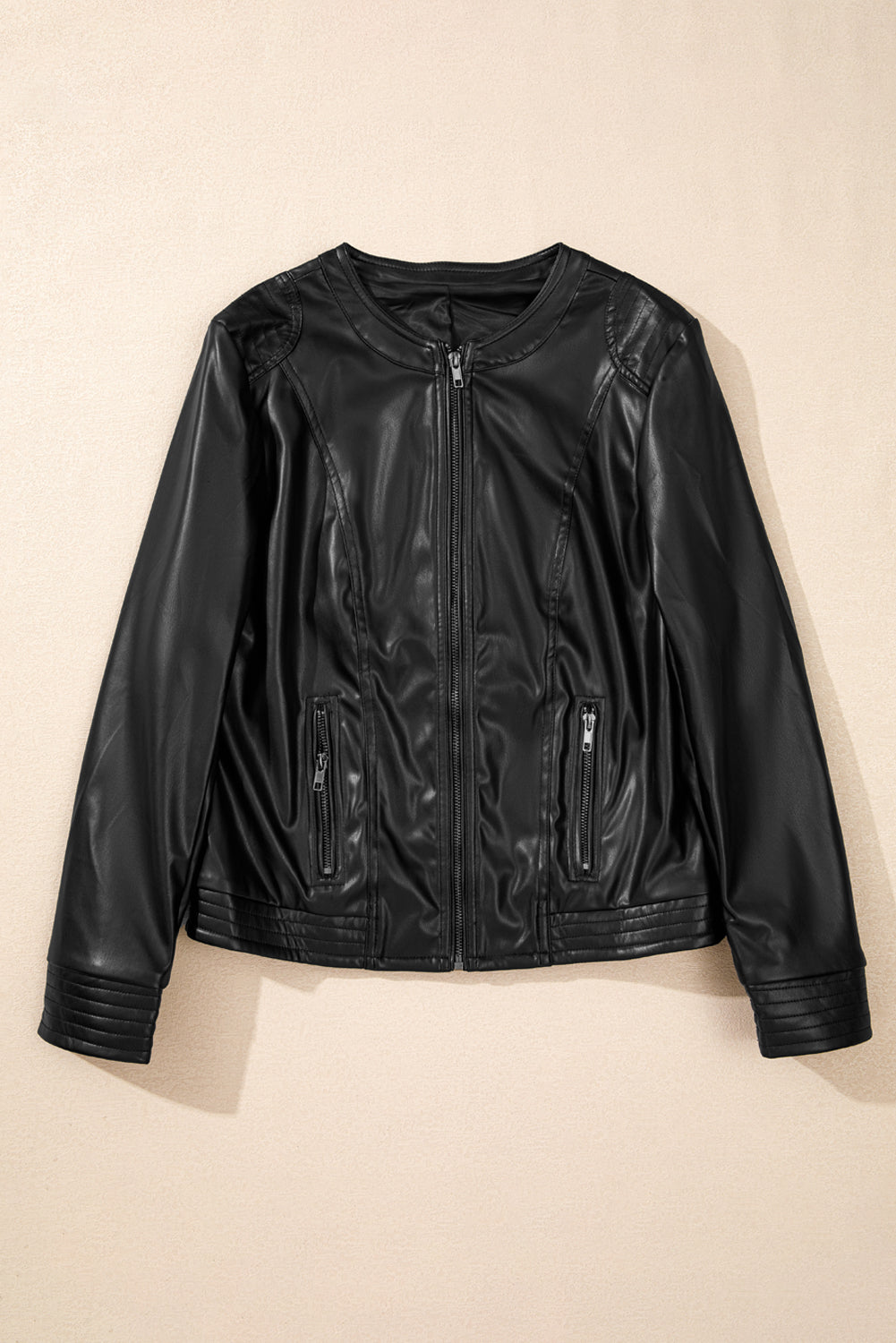 Faux Leather Round Neck Long Sleeve Jacket