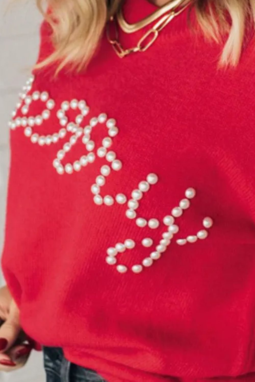 Merry Pearl Detail Round Neck Long Sleeve Sweater