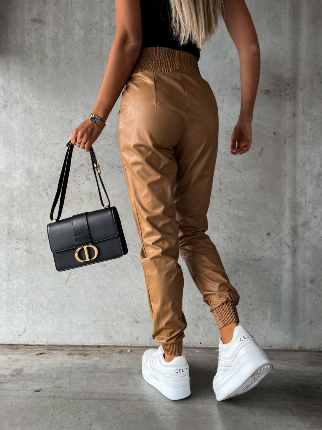 Smocked Faux Leather High Waist Pants