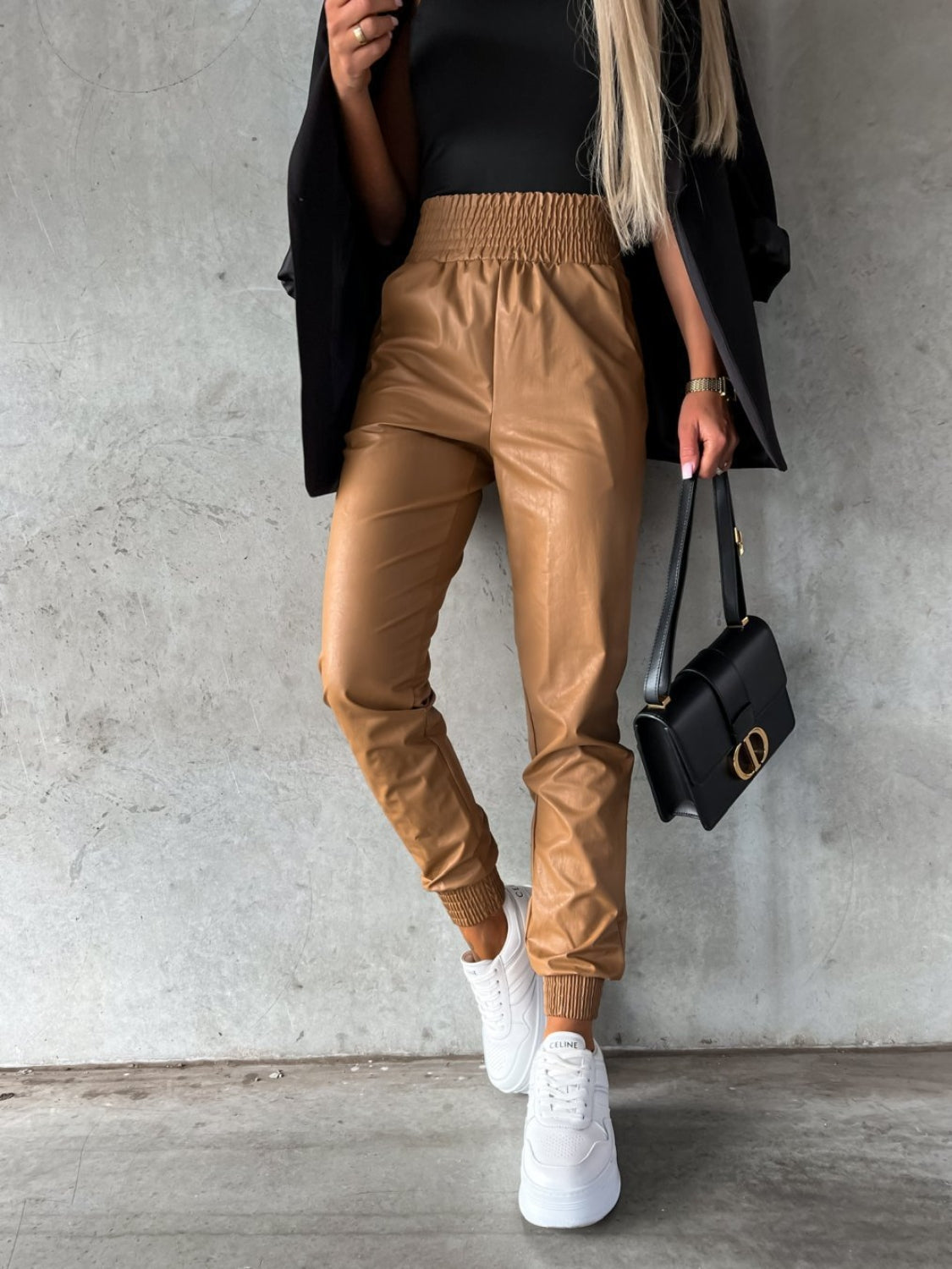 Smocked Faux Leather High Waist Pants