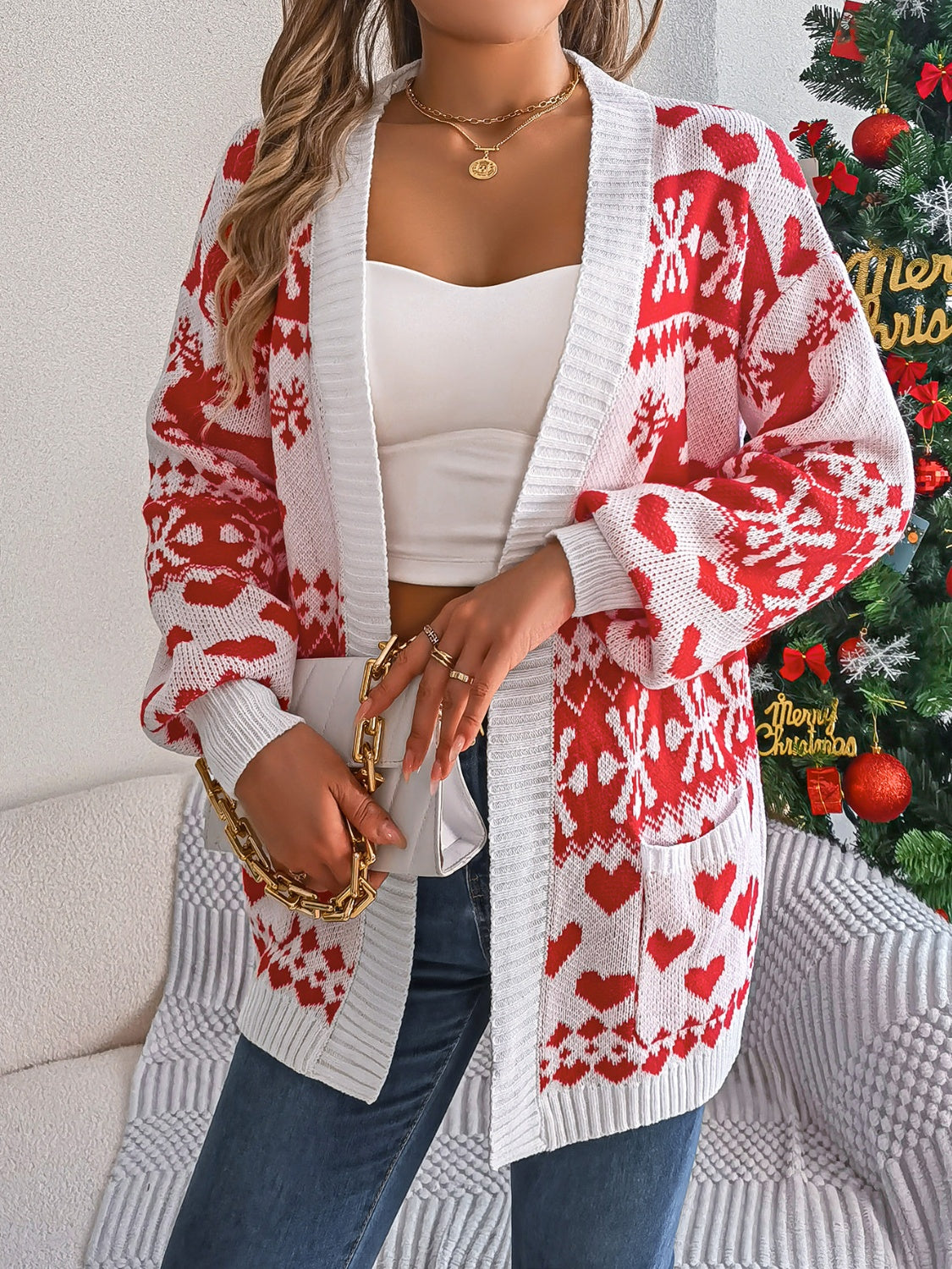 Christmas Patterned Open Front Long Sleeve Cardigan