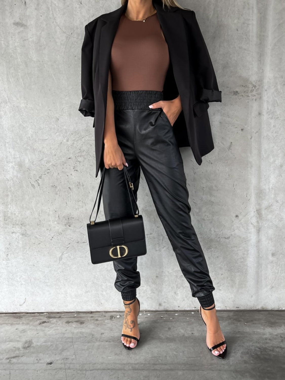 Smocked Faux Leather High Waist Pants