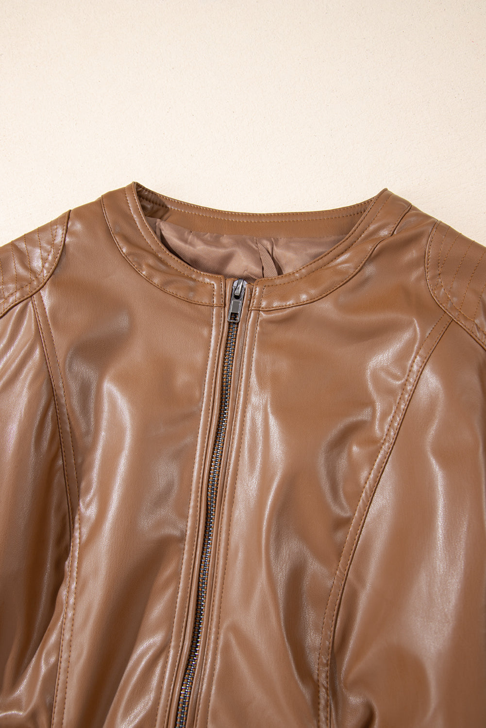 Faux Leather Round Neck Long Sleeve Jacket