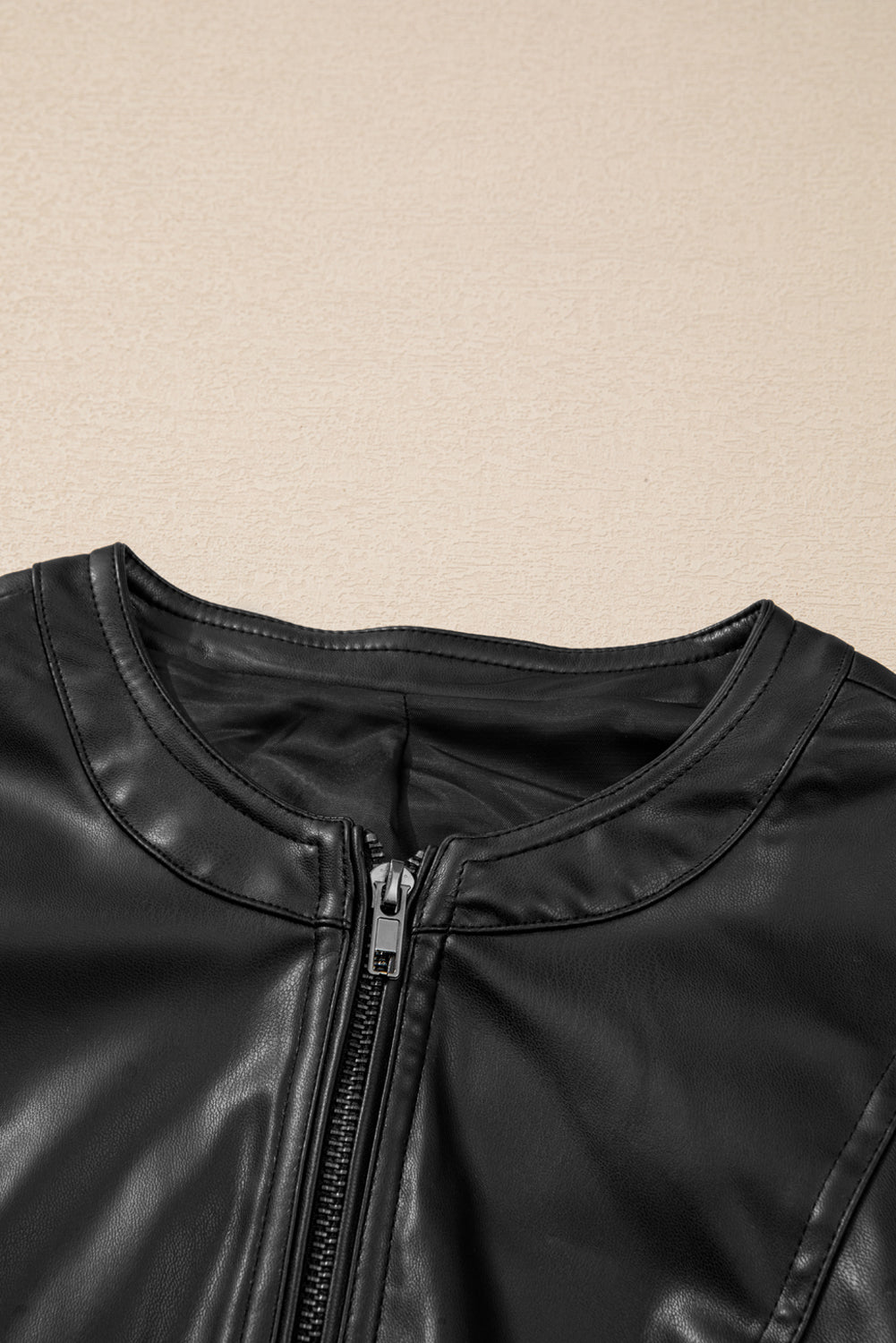 Faux Leather Round Neck Long Sleeve Jacket