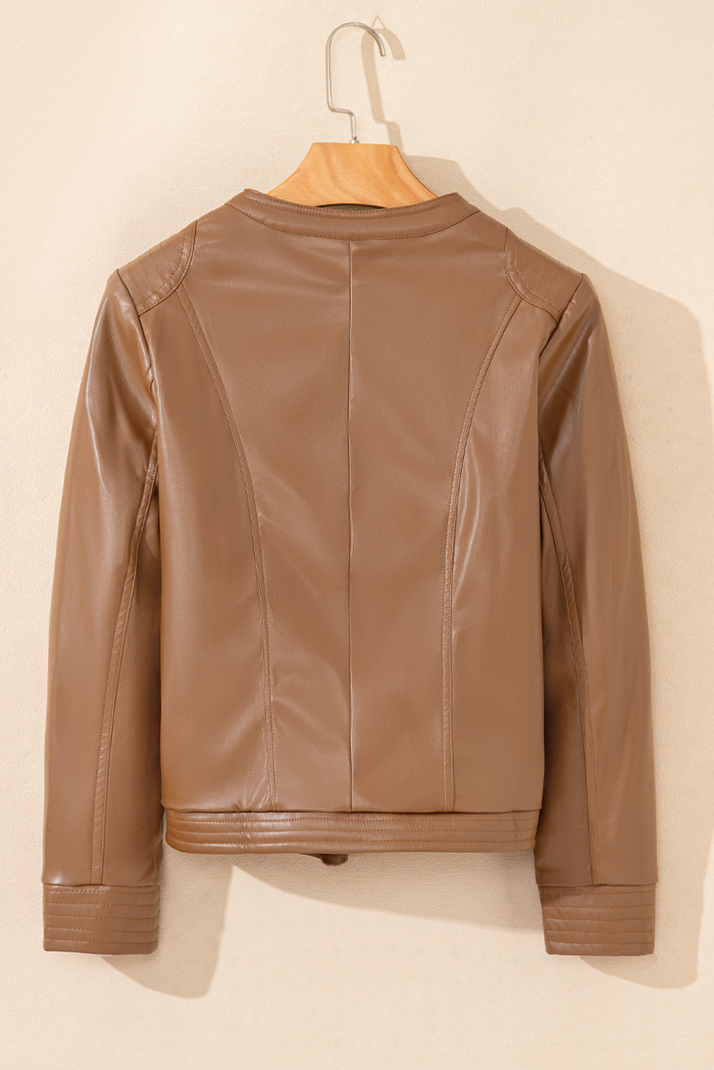 Faux Leather Round Neck Long Sleeve Jacket